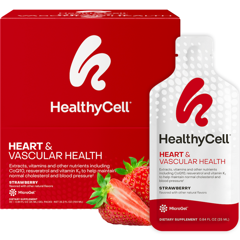HealthyCell Heart & Vascular Health strawberry dietary supplement shown with a red product box, a white squeeze bottle, and sliced strawberries on a black background.