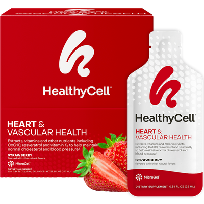 HealthyCell Heart & Vascular Health strawberry dietary supplement shown with a red product box, a white squeeze bottle, and sliced strawberries on a black background.