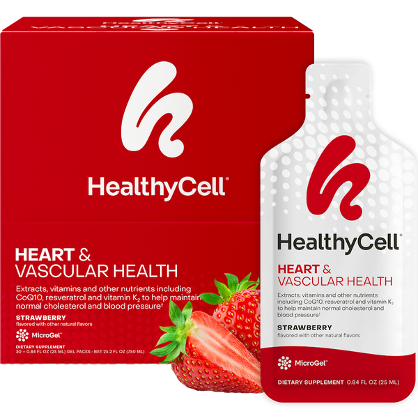 HealthyCell Heart & Vascular Health strawberry dietary supplement shown with a red product box, a white squeeze bottle, and sliced strawberries on a black background.