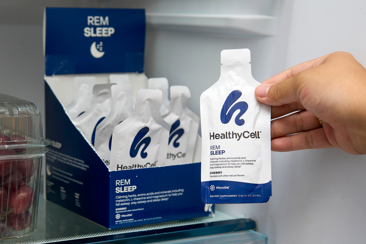 HealthyCell REM Sleep MicroGel gel packs stored neatly inside refrigerator door