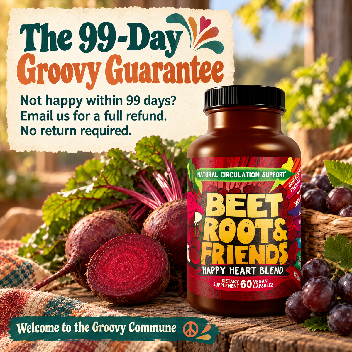 Hippie Farms Beet Root & Friends supplement bottle displayed in rustic farmstand setting