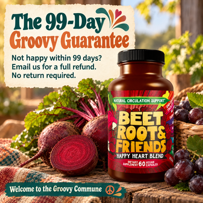 Hippie Farms Beet Root & Friends supplement bottle displayed in rustic farmstand setting
