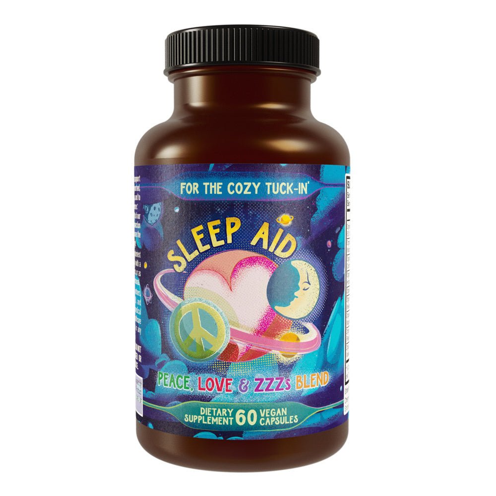 Cozy tuck-in herbal sleep formula bottle by Hippie Farms for restorative sleep