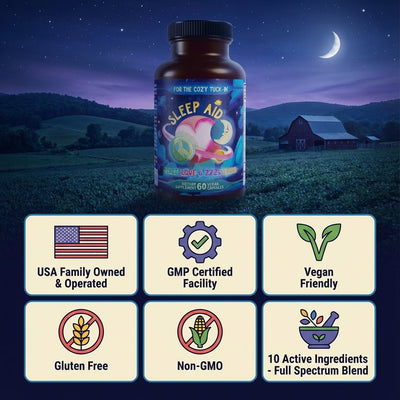 Hippie Farms Peace, Love & ZZZs sleep blend shown with calming botanical elements