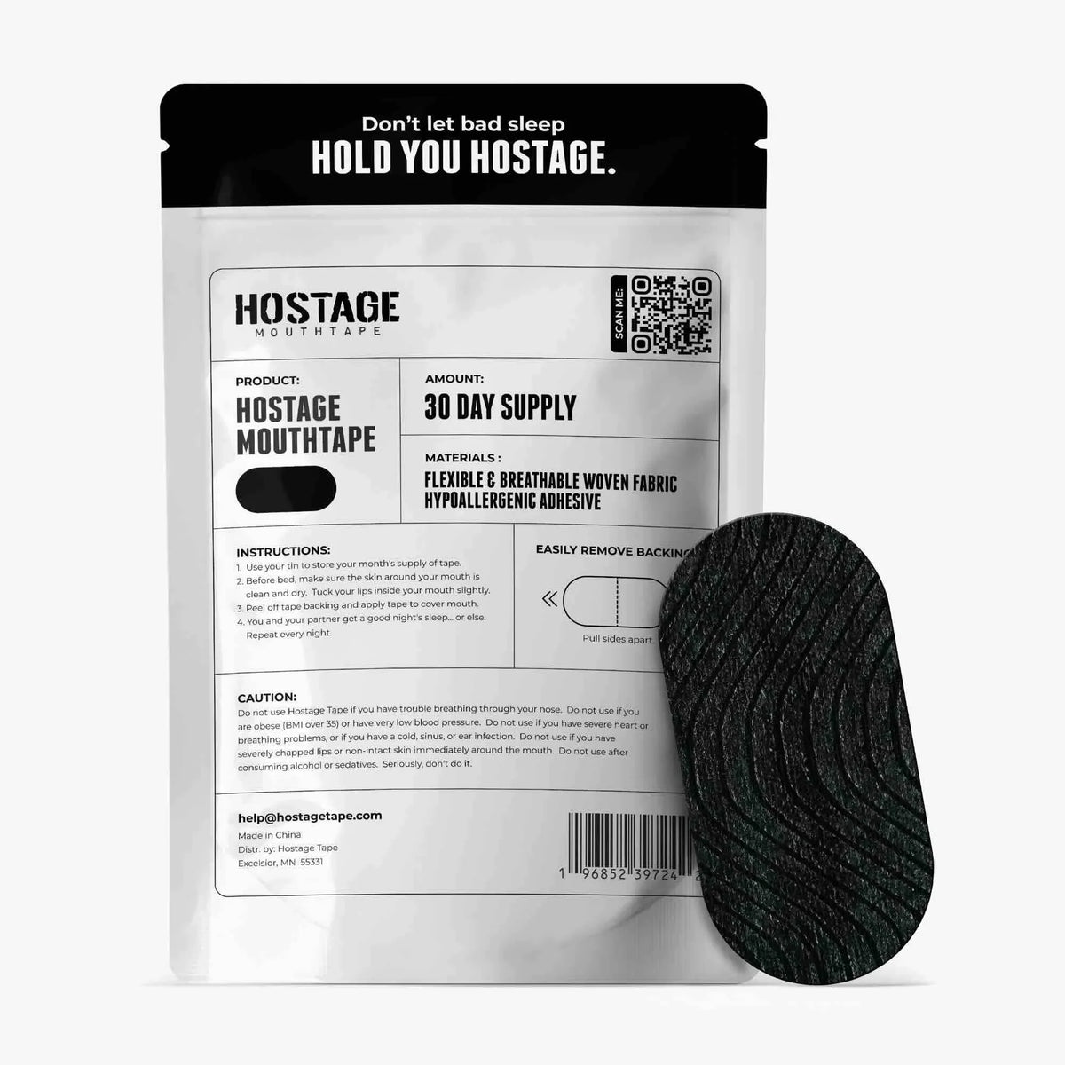 Back of packaging showing material specifications and usage tips for Hostage Mouth Tape 30-pack