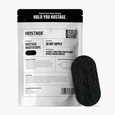 Back of packaging showing material specifications and usage tips for Hostage Mouth Tape 30-pack