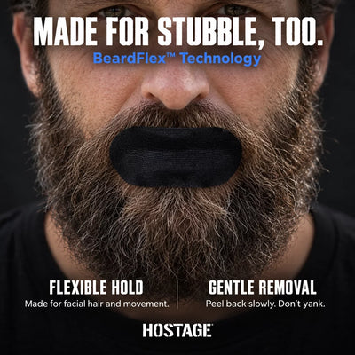 Graphic demonstrating BeardFlex elastic adhesive technology on Hostage Mouth Tape for beards