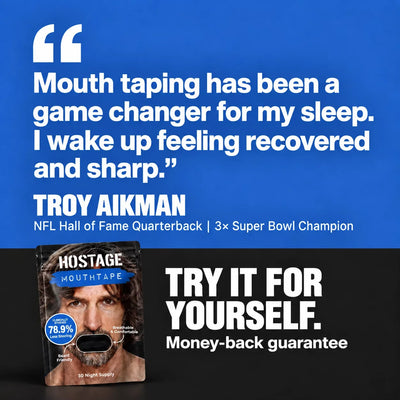 Troy Aikman partnership highlight graphic for Hostage Mouth Tape sleep performance