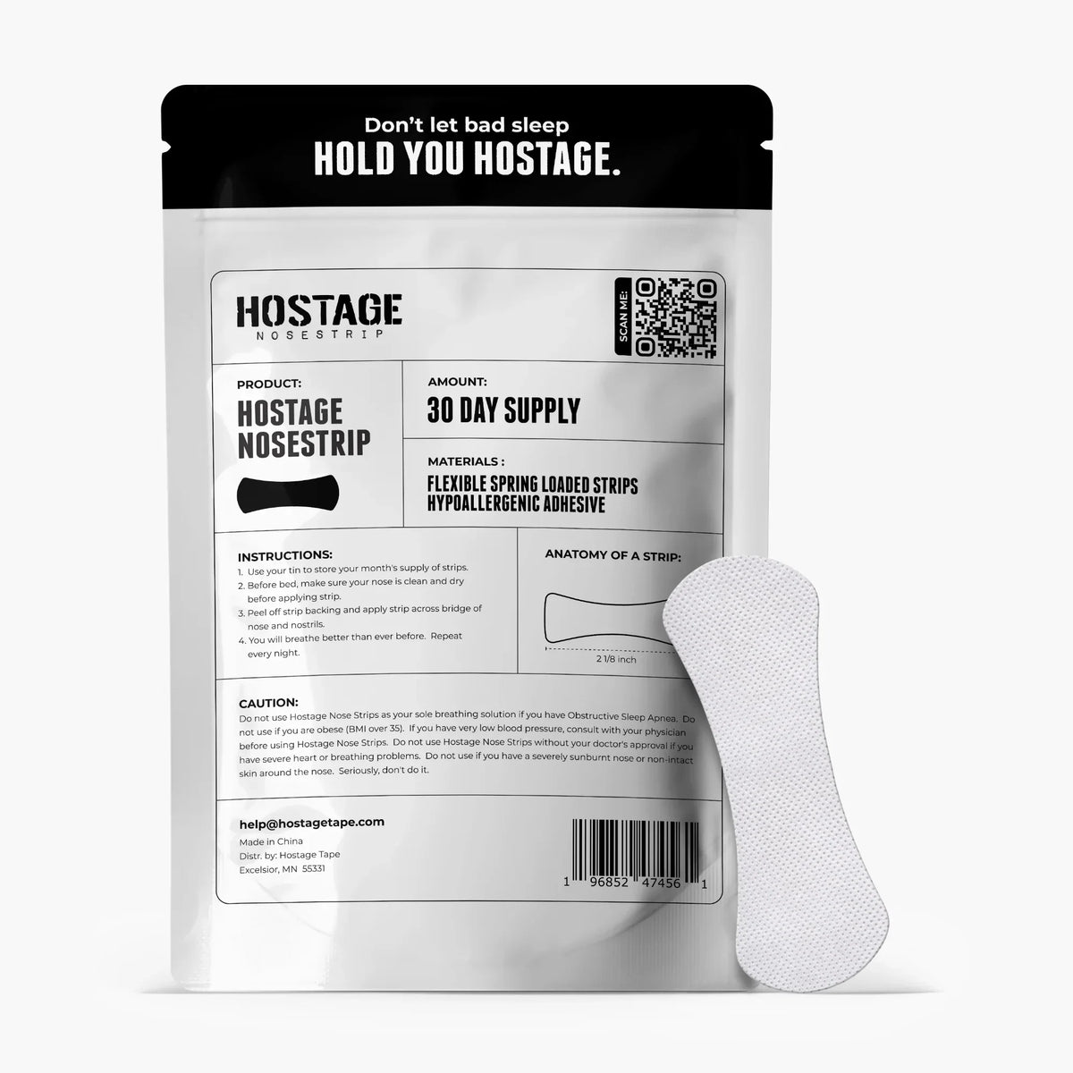 Retail box packaging of Hostage Nose Strips 30-day nasal breathing support pack