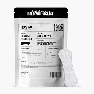 Retail box packaging of Hostage Nose Strips 30-day nasal breathing support pack
