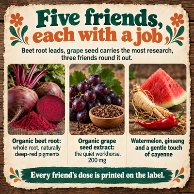 Infographic detailing functional health roles of active ingredients in Beet Root & Friends