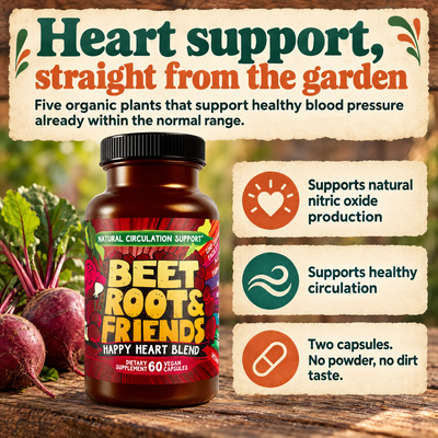 Infographic explaining herbal and superfood blend in Hippie Farms Beet Root formula