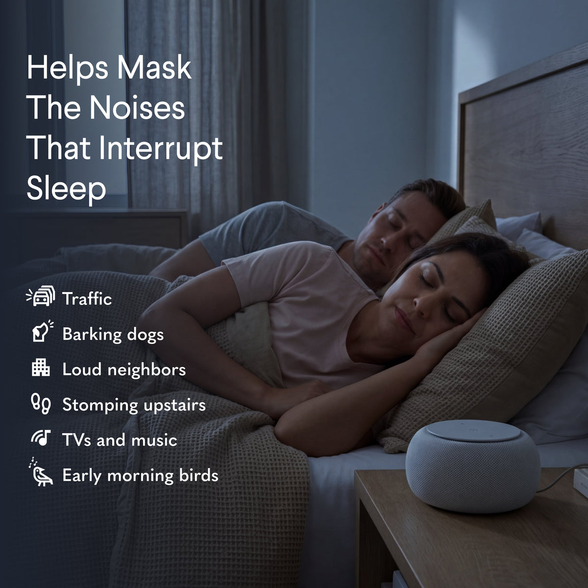 Infographic illustrating how SNOOZ Pro smart sound machine acoustic fan blocks ambient noise