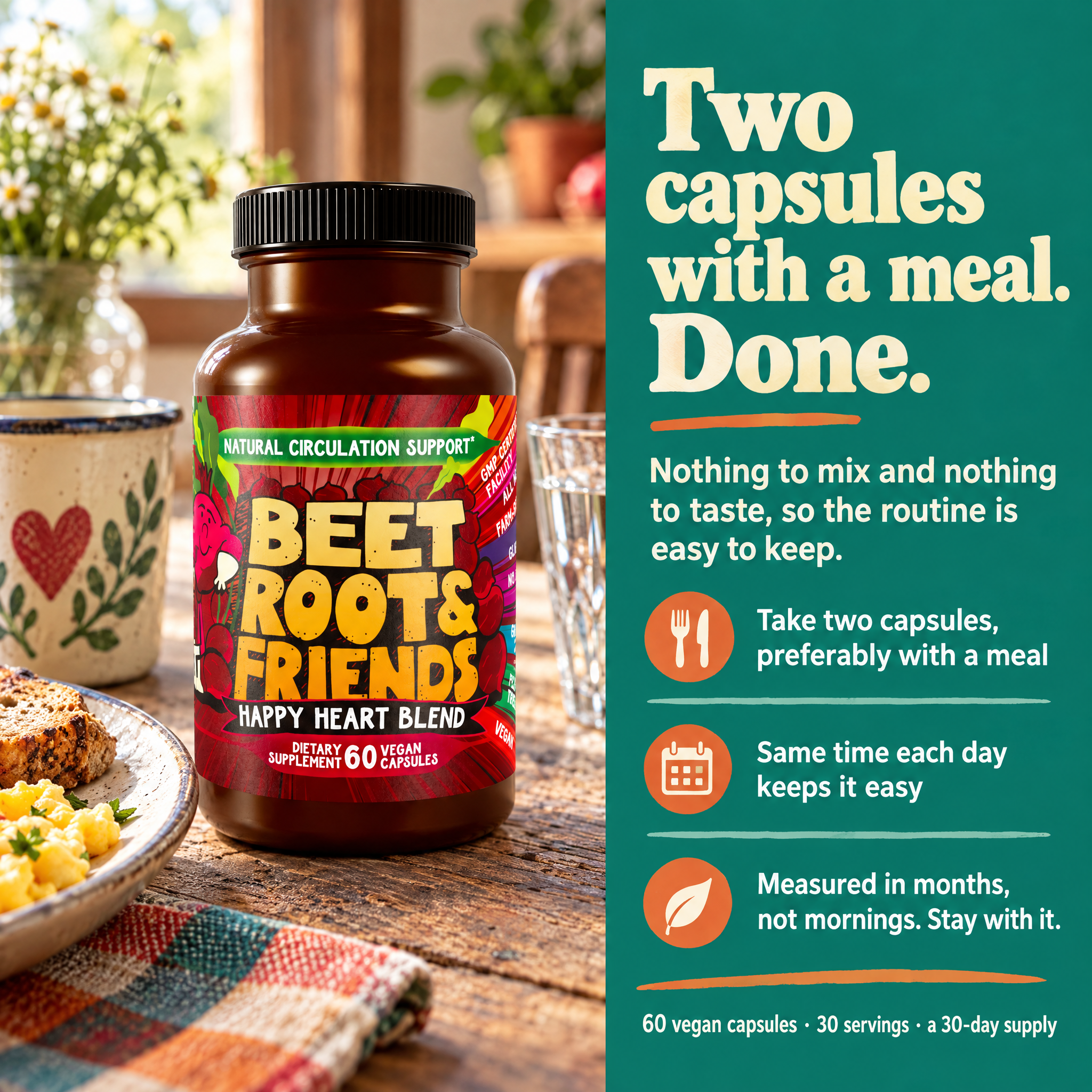 Infographic outlining daily serving ritual for Hippie Farms Beet Root & Friends supplement