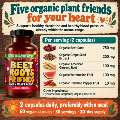 Infographic summarizing benefits and key features of Beet Root & Friends Happy Heart Blend