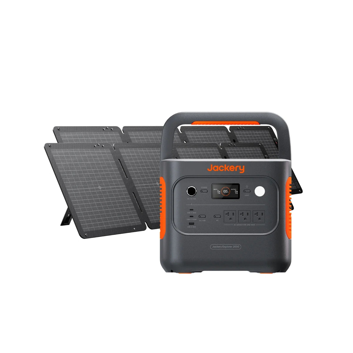 Jackery Explorer 2000 v2 power station paired with two SolarSaga 100W solar panels