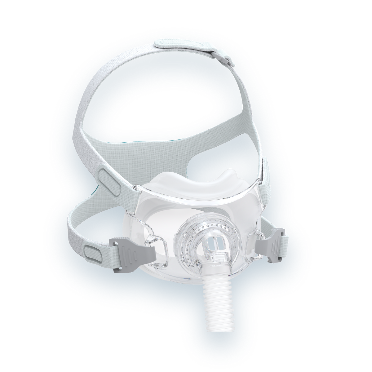 Left side profile of React Health Rio II full-face CPAP mask showing multi-point headgear clips