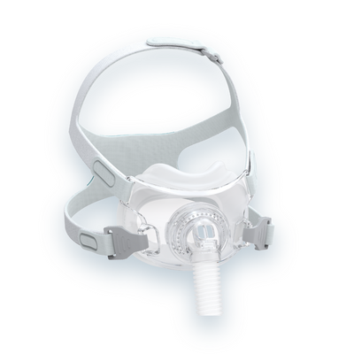 Left side profile of React Health Rio II full-face CPAP mask showing multi-point headgear clips