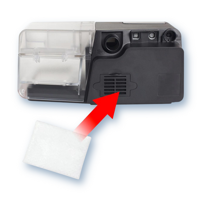 Rear air intake panel on Luna G3 CPAP machine showing disposable filter slot and placement