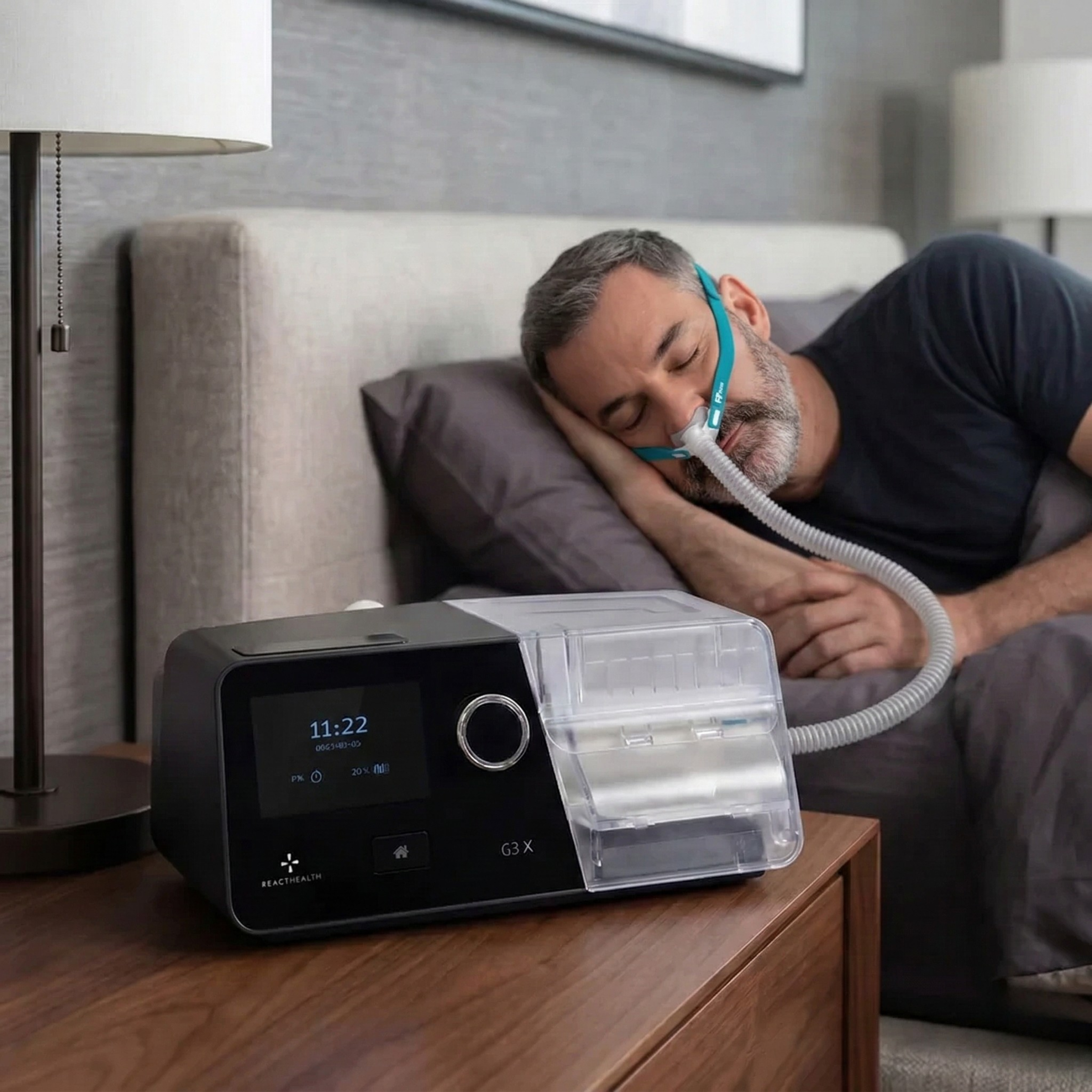 React Health Luna G3-X Auto CPAP Machine - Man Sleeping with Nova Micro Pillow Mask