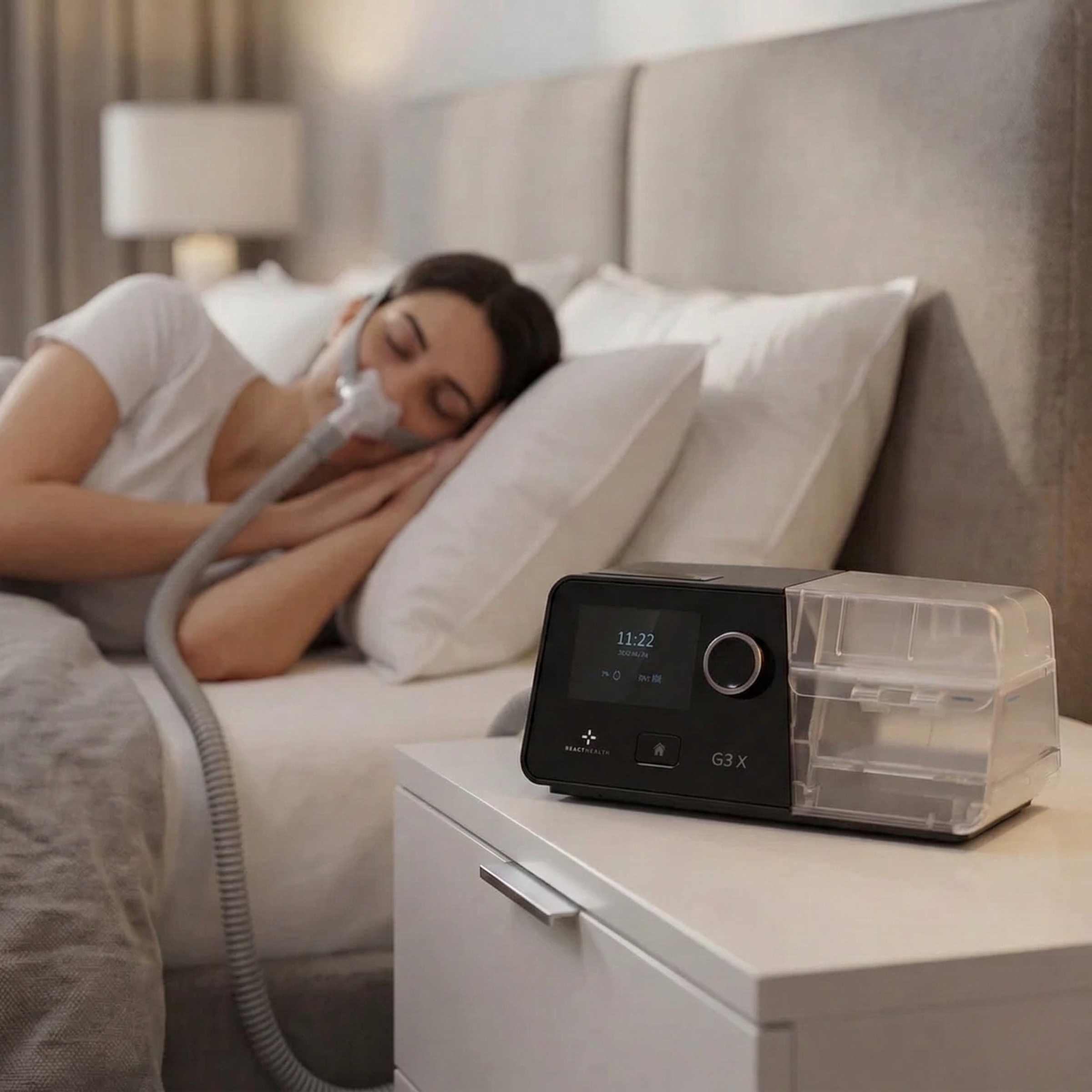 React Health Luna G3-X Auto CPAP Machine - Woman Sleeping with Nasal Mask