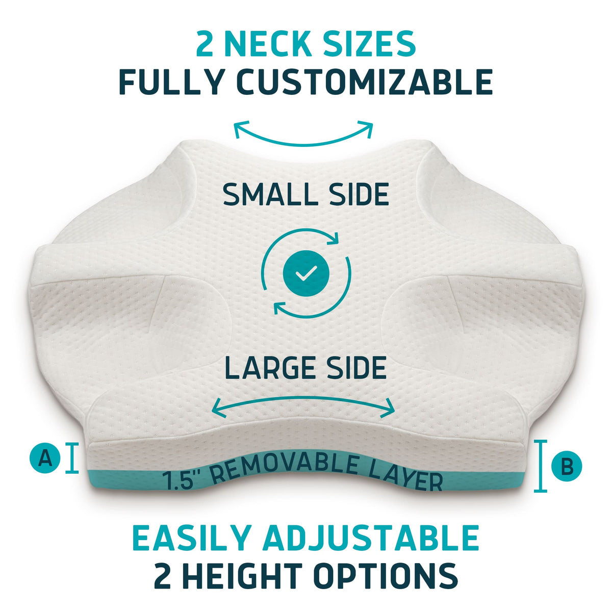 Neck pillow with customizable sizes and adjustable height options on a white background