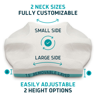 Neck pillow with customizable sizes and adjustable height options on a white background