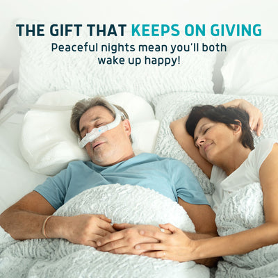 Couple lying in bed with a CPAP machine, surrounded by text about peaceful nights and happiness.