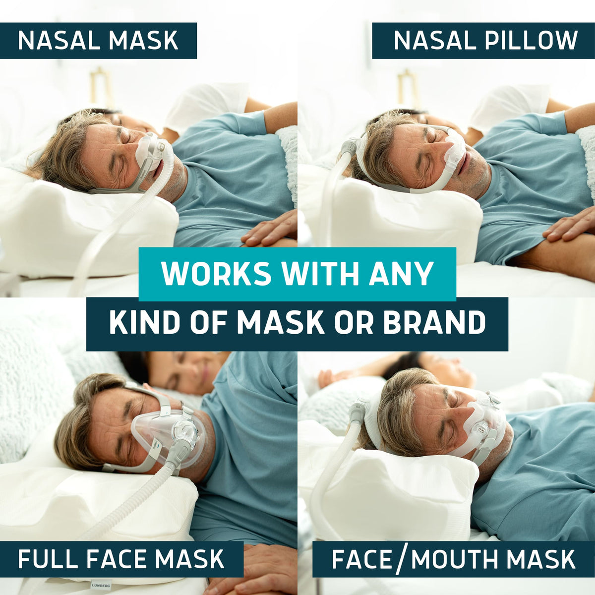 Person lying in bed with various types of oxygen masks and a nasal pillow, with text indicating compatibility with different mask brands.