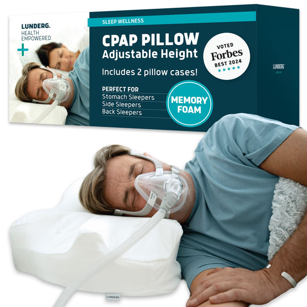 CPAP pillow with adjustable height and memory foam, featuring a Forbes Best 2024 badge on packaging.