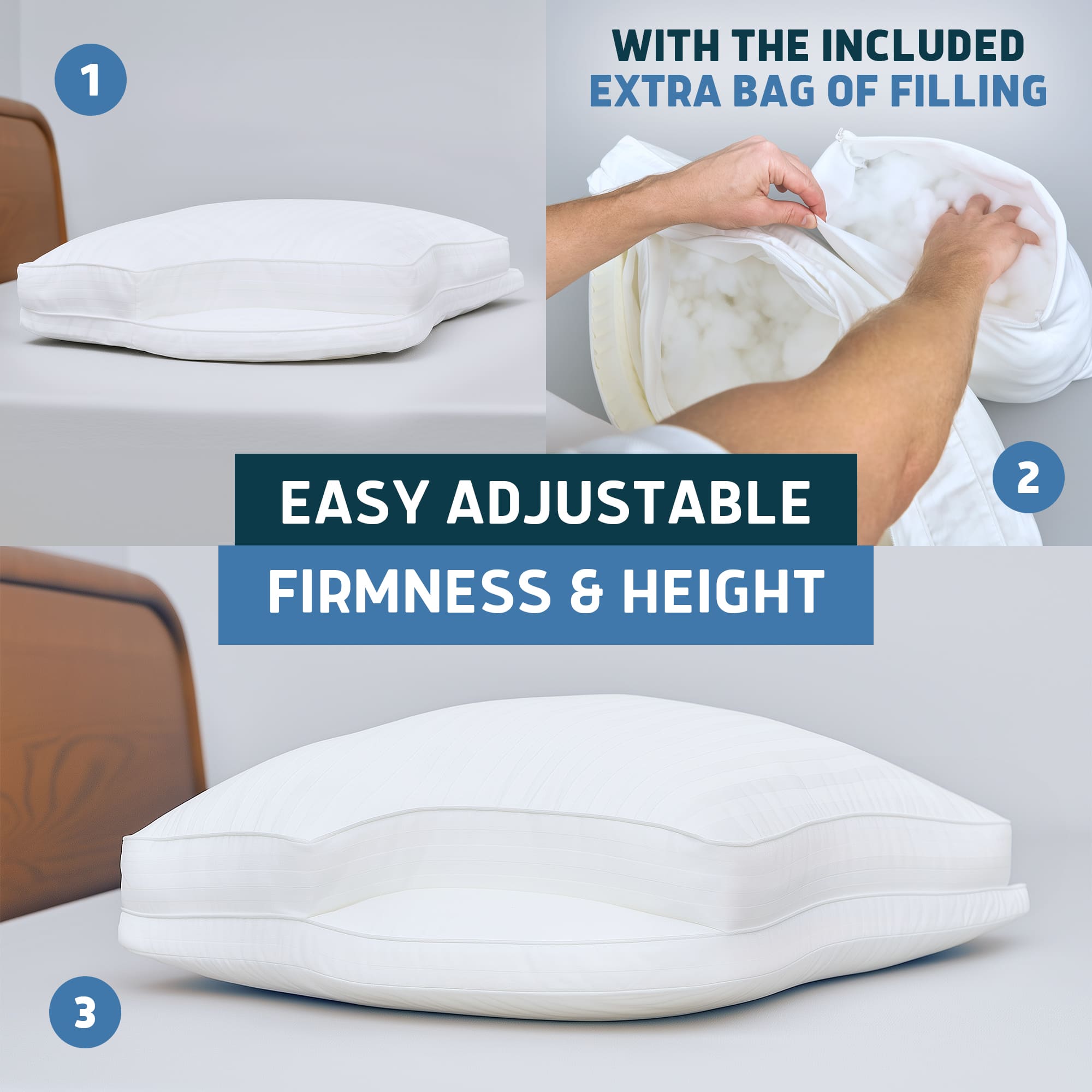 White pillow with adjustable firmness and height feature, shown on a bed with text highlighting features.