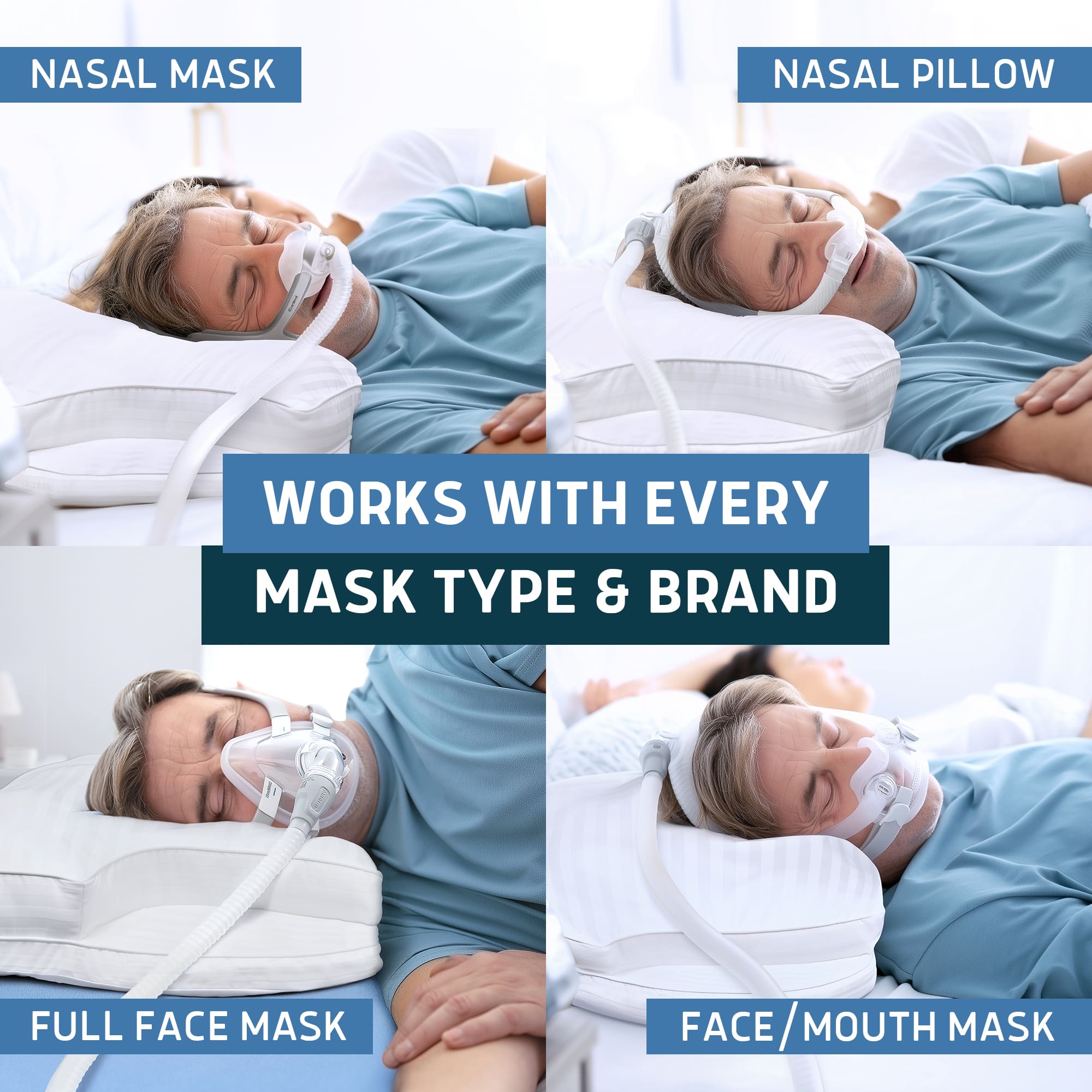 Person lying in bed with different types of masks on, including nasal mask, nasal pillow, full face mask, and face/mouth mask.