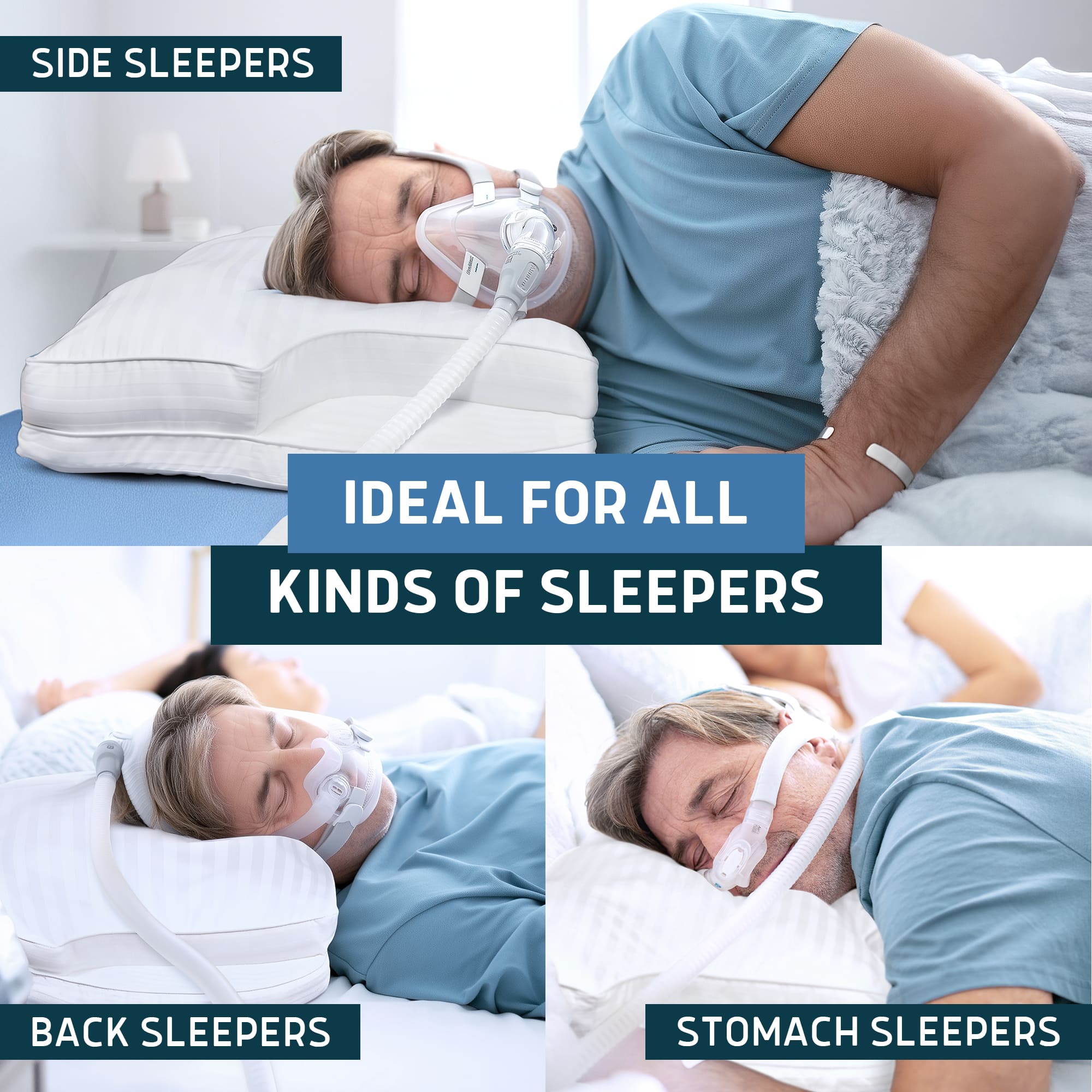 Person using a CPAP machine in different sleeping positions with text indicating compatibility for various sleepers.
