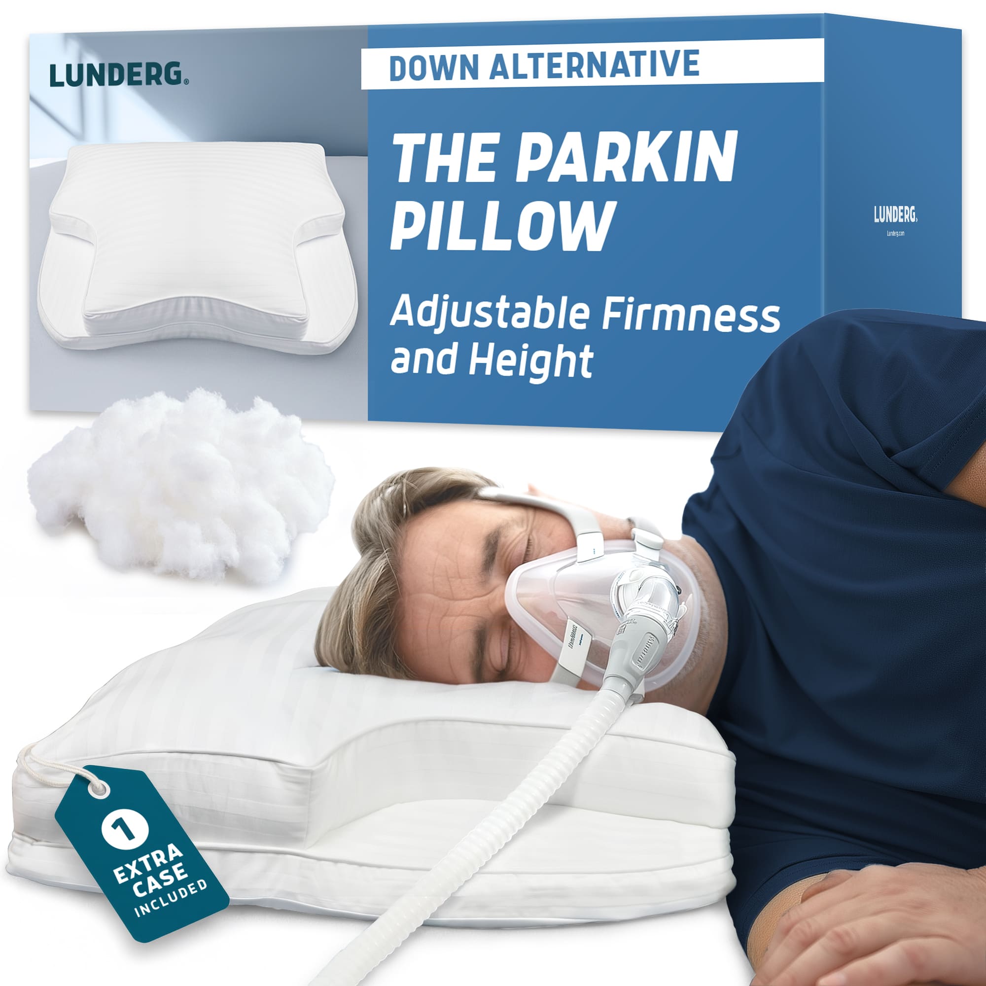 Lunderg The Parkin Pillow product presentation featuring the blue retail box, a white pillow, loose cotton filling, and a lifestyle demonstration of a man sleeping with a face mask on the adjustable pillow.