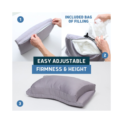A product demonstration graphic showing a light gray adjustable contoured pillow with hands demonstrating how to fill it with included white filling. The graphic includes numbered steps 1, 2, and 3, and text reading 'INCLUDED BAG OF FILLING' and 'EASY ADJUSTABLE FIRMNESS & HEIGHT'.