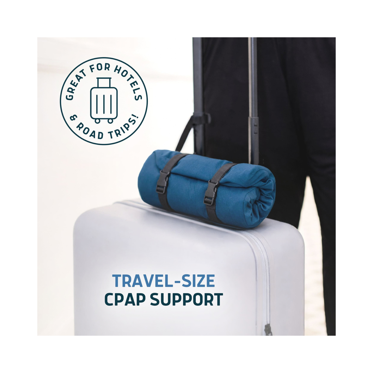A rolled blue travel-size CPAP support bag strapped to a white suitcase, with a person in dark clothing standing beside it. Text on the image reads 'TRAVEL-SIZE CPAP SUPPORT' and there is a circular badge that says 'Great for hotels & road trips!'.