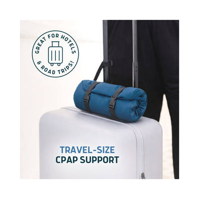 A rolled blue travel-size CPAP support bag strapped to a white suitcase, with a person in dark clothing standing beside it. Text on the image reads 'TRAVEL-SIZE CPAP SUPPORT' and there is a circular badge that says 'Great for hotels & road trips!'.