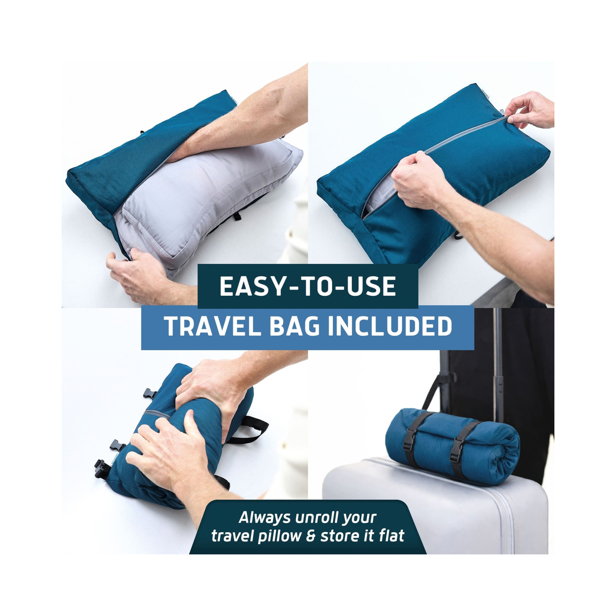 A four-panel collage demonstrating how to pack and store a teal travel pillow inside a matching teal travel bag, with hands visible on a white background. Text overlays read 'EASY-TO-USE', 'TRAVEL BAG INCLUDED', and 'Always unroll your travel pillow & store it flat'.
