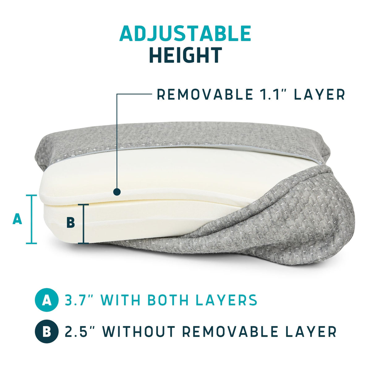 Gray adjustable height pillow with measurements and text on a white background