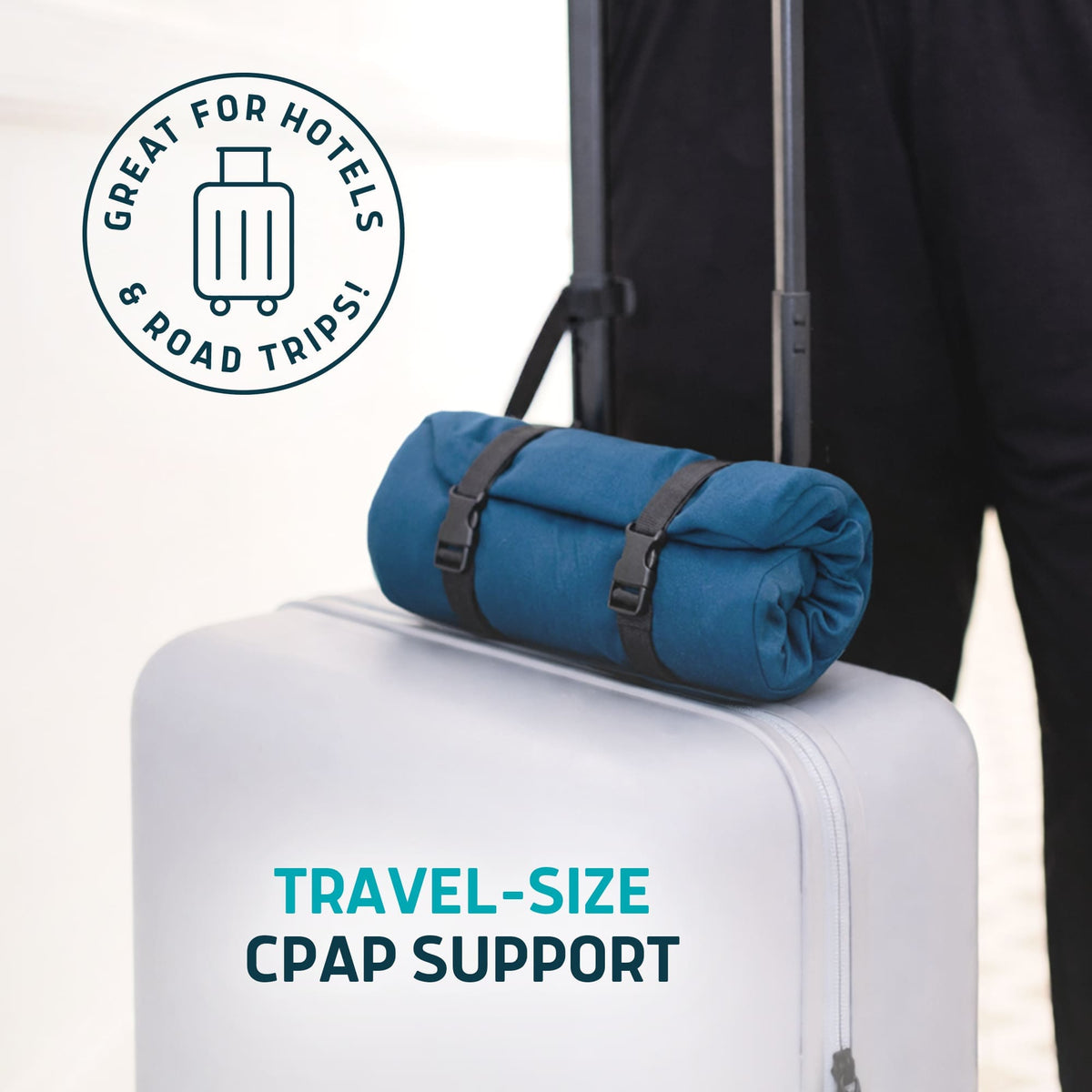 Blue travel-size CPAP support on a white suitcase with text 'Great for Hotels & Road Trips' and 'Travel-Size CPAP Support'.