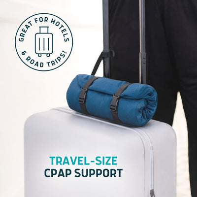 Blue travel-size CPAP support on a white suitcase with text 'Great for Hotels & Road Trips' and 'Travel-Size CPAP Support'.