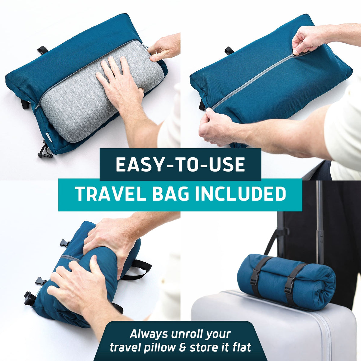 Hands unrolling and folding a travel pillow with text about an included easy-to-use travel bag.