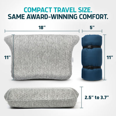 Two travel pillows, one gray and one blue, with measurements displayed.