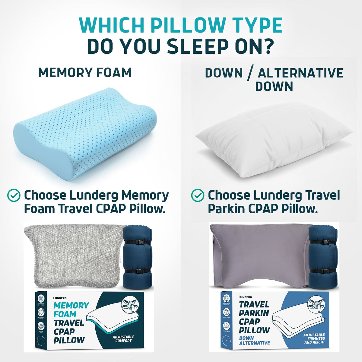 Comparison of memory foam and down/alternative down pillows with packaging displayed.