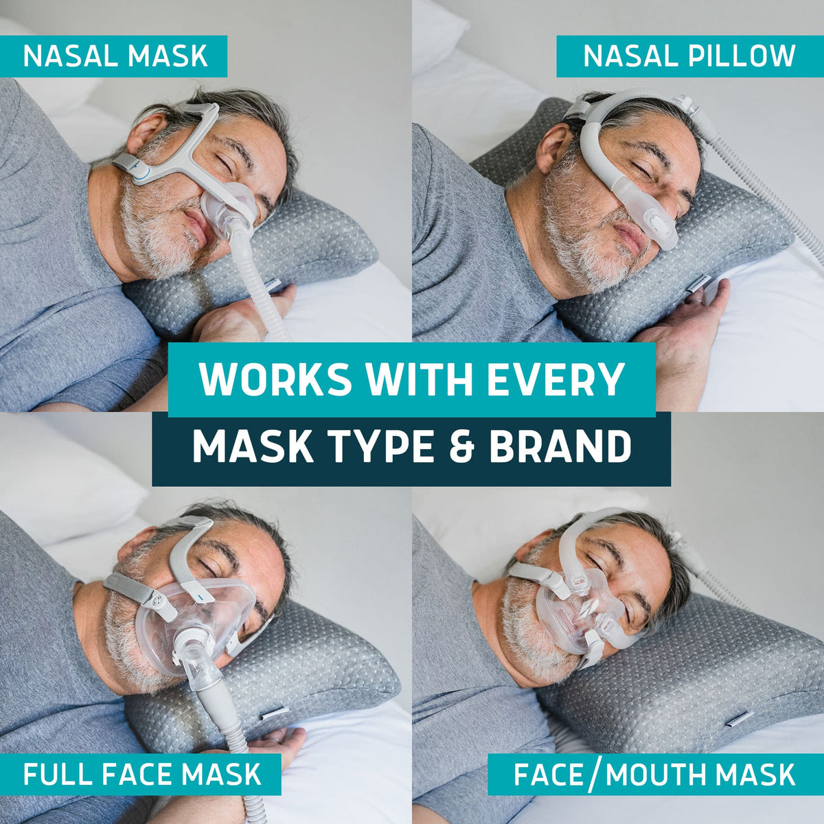 Man using various types of sleep masks with a nasal pillow, text indicating compatibility with all mask types and brands.