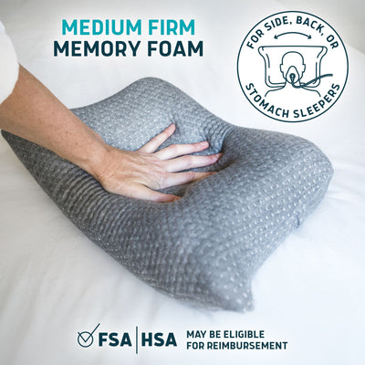 Gray memory foam pillow with a hand holding it, on a white background.