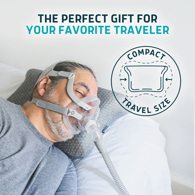 Person using a CPAP mask with text 'The Perfect Gift for Your Favorite Traveler' and 'Compact Travel Size'.