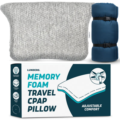 Memory foam travel CPAP pillow with packaging and rolled-up version on a white background