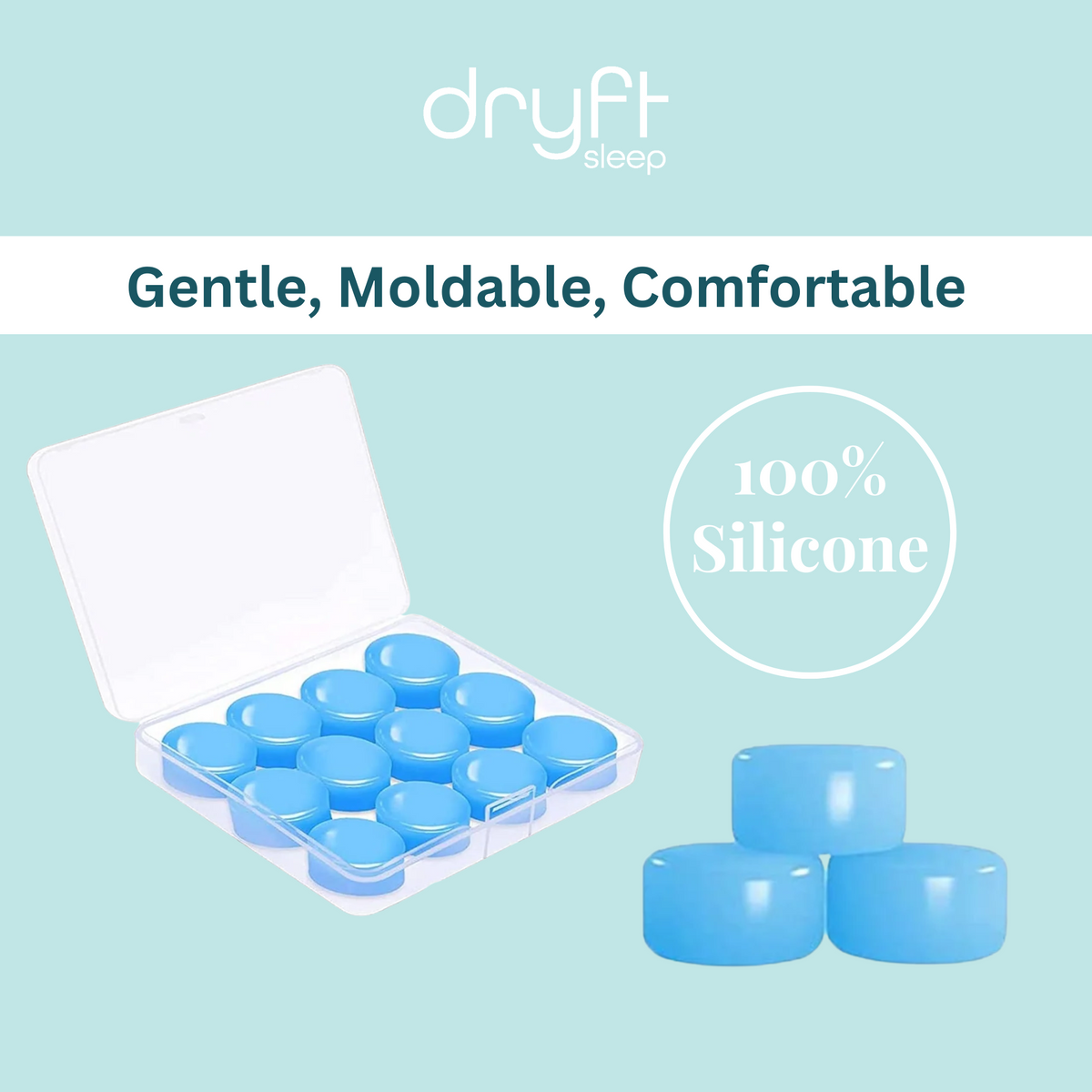 Multiple pairs of soft moldable silicone ear plugs by Dryft Sleep arranged neatly