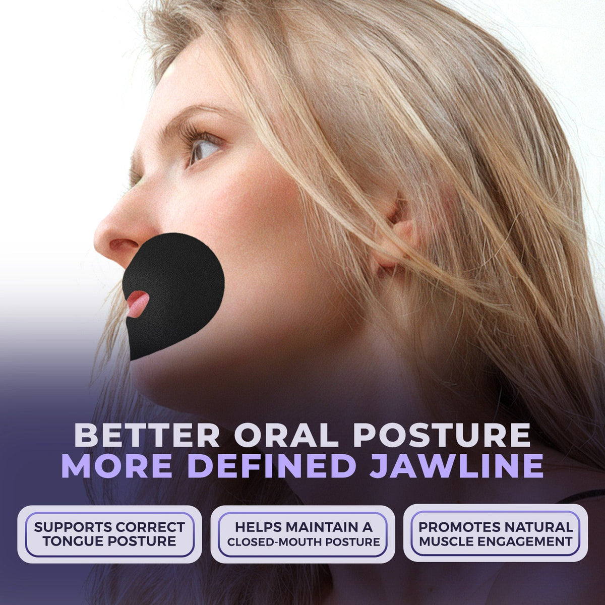 Infographic showing proper oral resting posture supported by Muzzle adult mouth tape